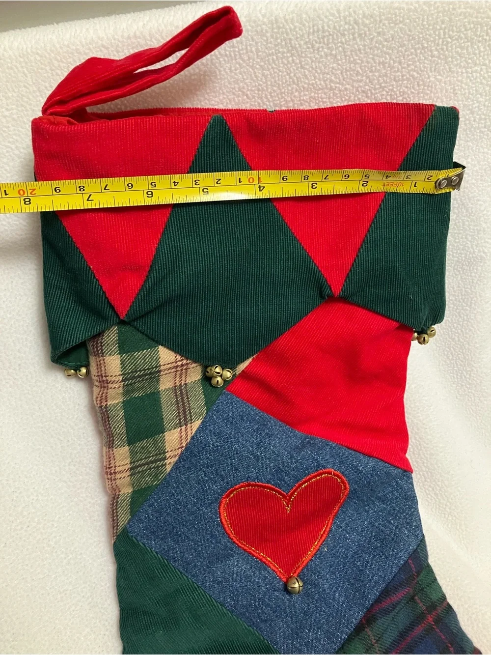 retired Pier 1 Imports patchwork quilt Christmas stocking. Red heart. Tiny bells